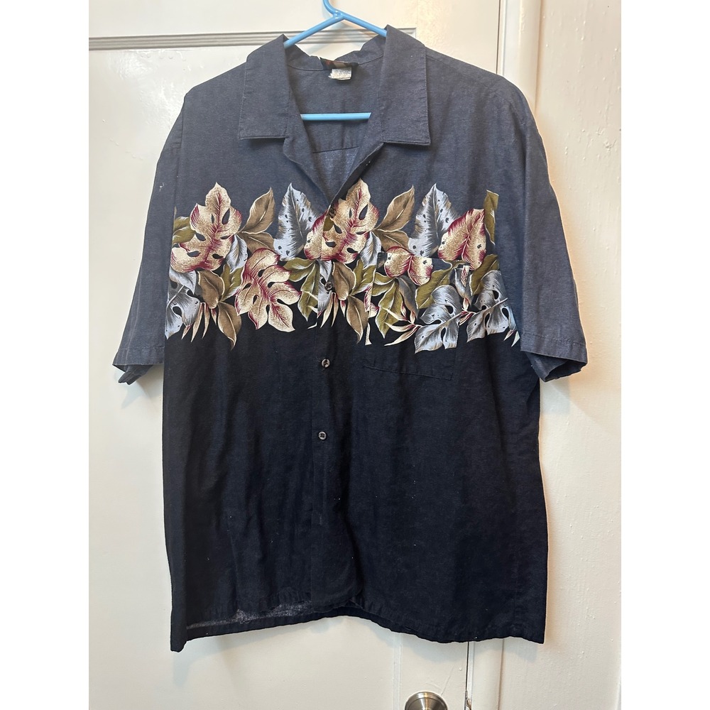 Hawaii Blues Mens XL Tropical Monstera Leaf Print Cotton Button Down Shirt Black